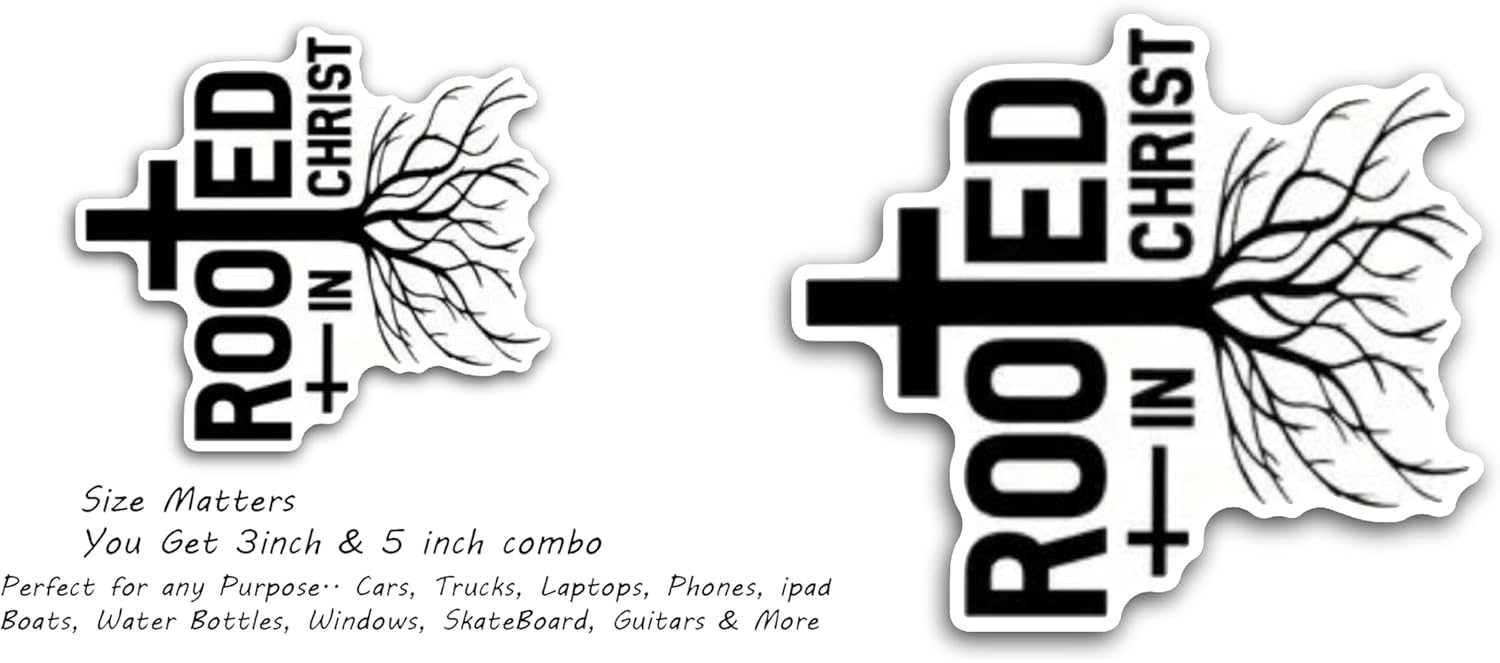 2 (Pieces) 3" and 5" Rooted in Christ Decal Sticker, Waterproof Vinyl Decals for Many Purpose Like Cars, Trucks, Laptops, Phones, Windows and More