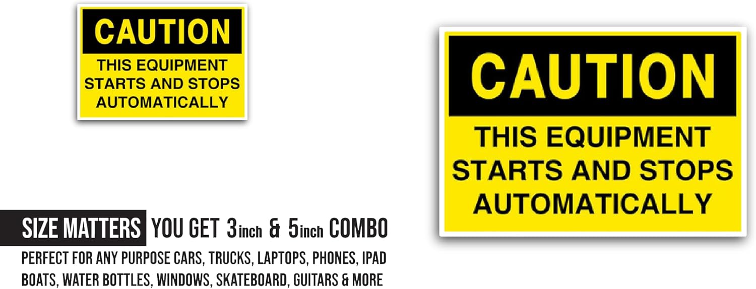 2 (Pieces) 3" and 5" Equipment Starts Automatically Sticker, Waterproof Vinyl Decals for Many Purpose Like Cars, Trucks, Laptops, Phones, Windows and More