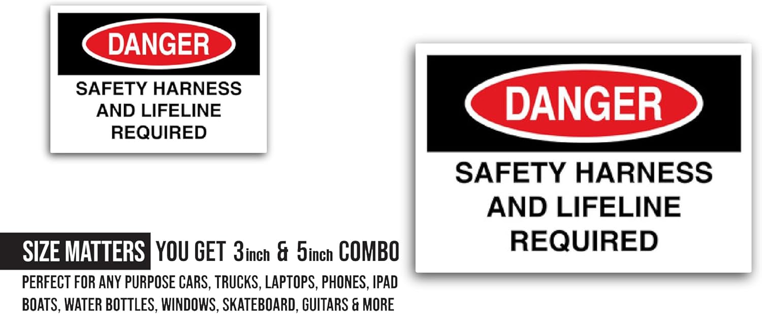 2 (Pieces) 3" and 5" Safety Harness and Lifeline Required Sticker, Waterproof Vinyl Decals for Many Purpose Like Cars, Trucks, Laptops, Phones, Windows and More