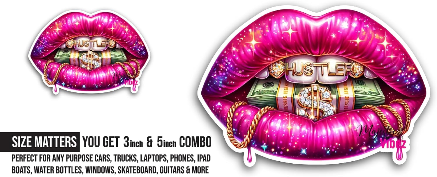 2 (Pieces) 3" and 5" Lips with Money Sticker, Waterproof Vinyl Decals for Many Purpose Like Cars, Trucks, Laptops, Phones, Windows and More