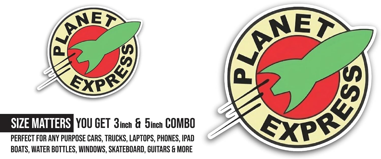 2 (Pieces) 3" and 5" Planet Express Sticker, Waterproof Vinyl Decals for Many Purpose Like Cars, Trucks, Laptops, Phones, Windows and More