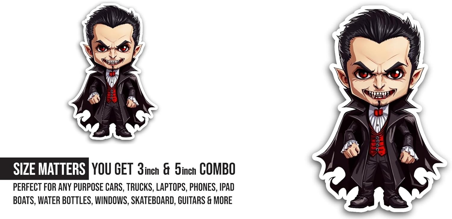 2 (Pieces) 3" and 5" Cartoon Vampire Sticker, Waterproof Vinyl Decals for Many Purpose Like Cars, Trucks, Laptops, Phones, Windows and More