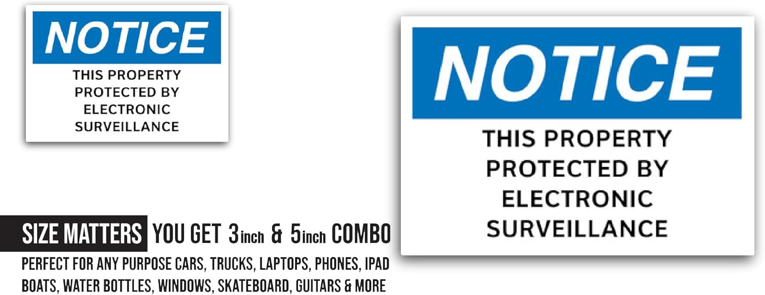 2 (Pieces) 3" and 5" This Property Protected by Electronic Surveillance Sticker, Waterproof Vinyl Decals for Many Purpose Like Cars, Trucks, Laptops, Phones, Windows and More