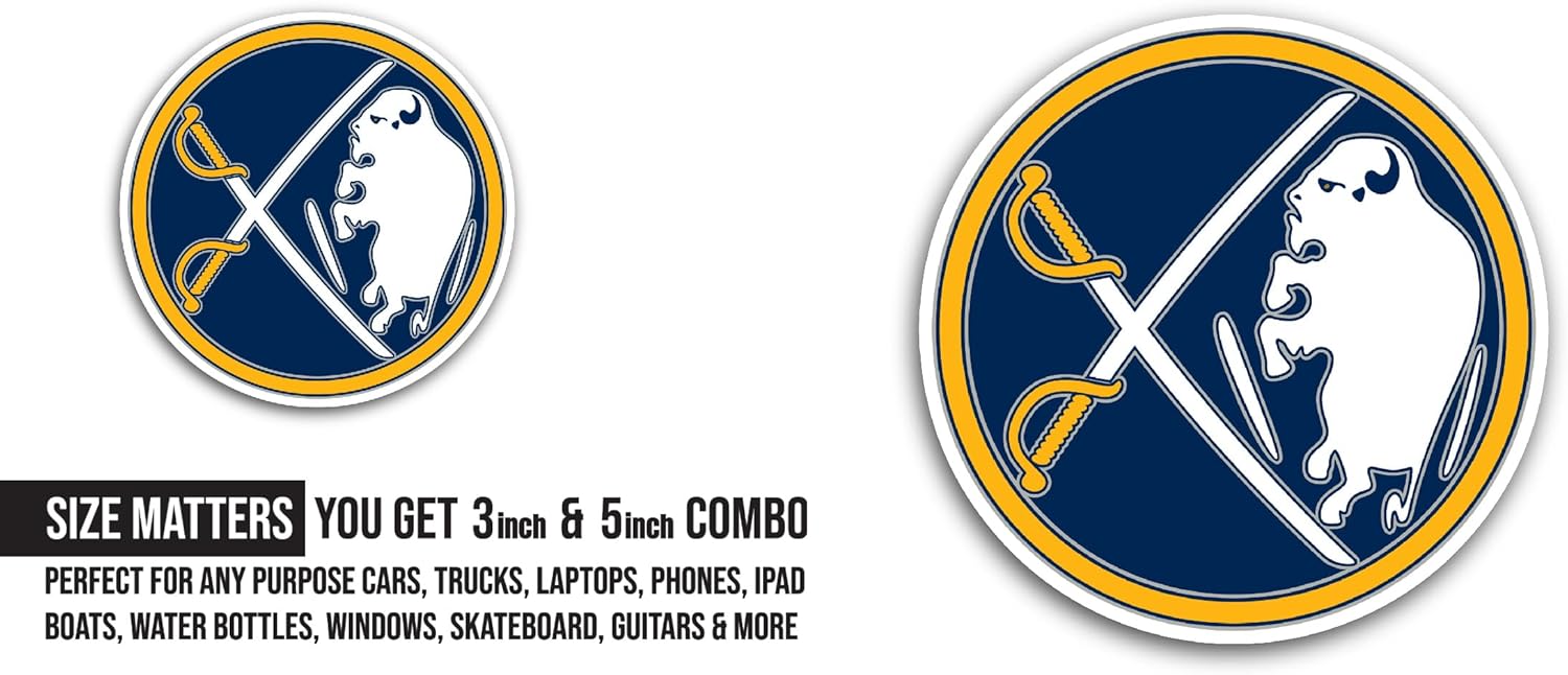 2 (Pieces) 3" and 5" Buffal0 Sabres Sticker, Waterproof Vinyl Decals for Many Purpose Like Cars, Trucks, Laptops, Phones, Windows and More