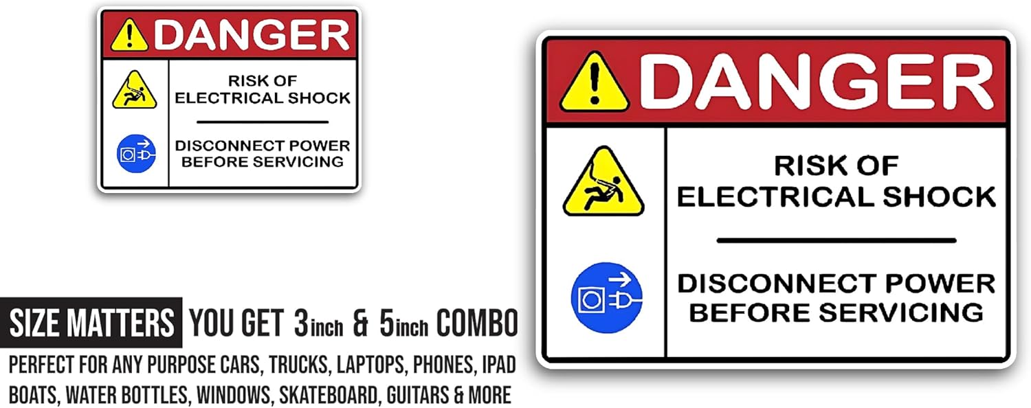 2 (Pieces) 3" and 5" Danger Risk of Electrical Shock Sticker, Waterproof Vinyl Decals for Many Purpose Like Cars, Trucks, Laptops, Phones, Windows...