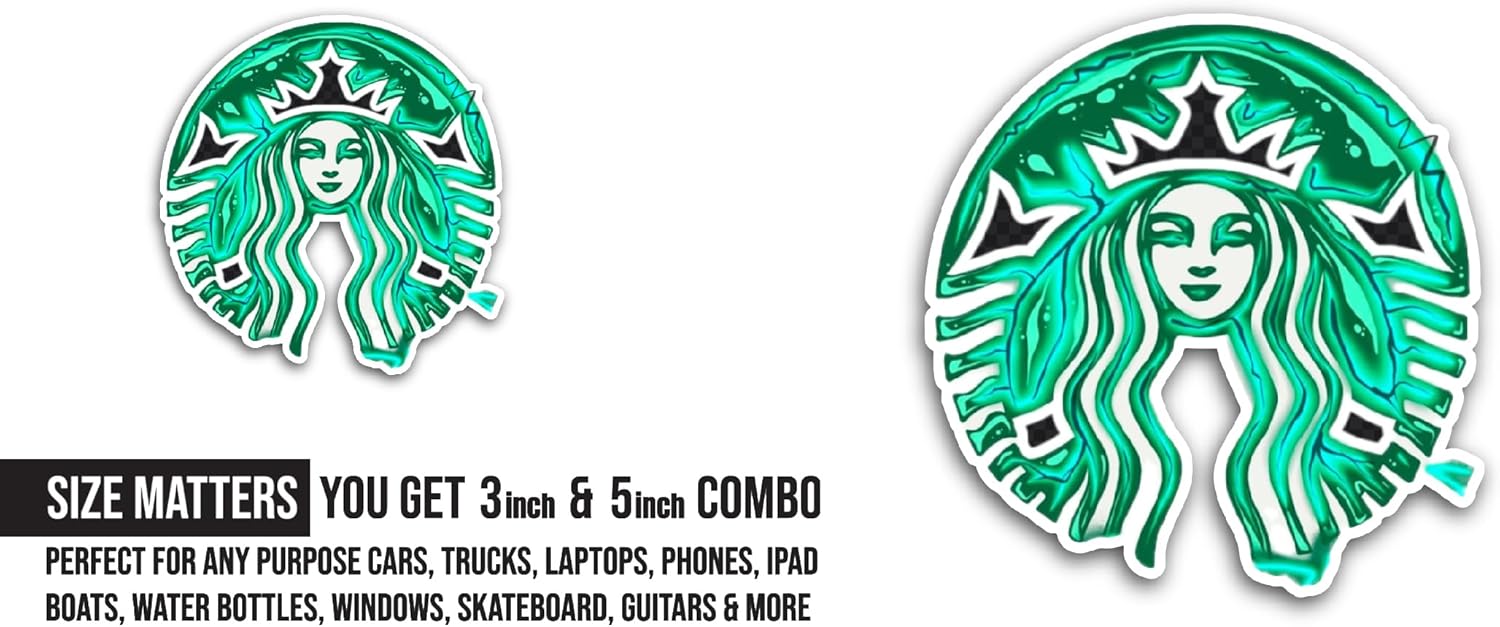 2 (Pieces) 3" and 5" St@rbucks Logo Sticker, Waterproof Vinyl Decals for Many Purpose Like Cars, Trucks, Laptops, Phones, Windows and More