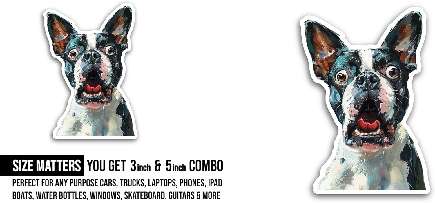 2 (Pieces) 3" and 5" Cute Boston Terrier Sticker, Waterproof Vinyl Decals for Many Purpose Like Cars, Trucks, Laptops, Phones, Windows and More