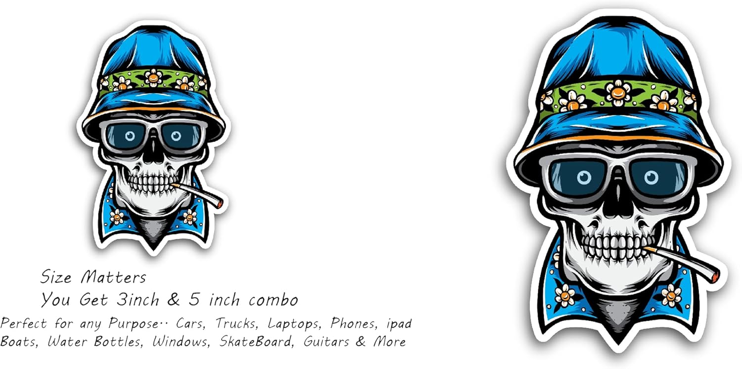 2 (Pieces) 3" and 5" Smoking Skull Sticker, Waterproof Vinyl Decals for Many Purpose Like Cars, Trucks, Laptops, Phones, Windows and More