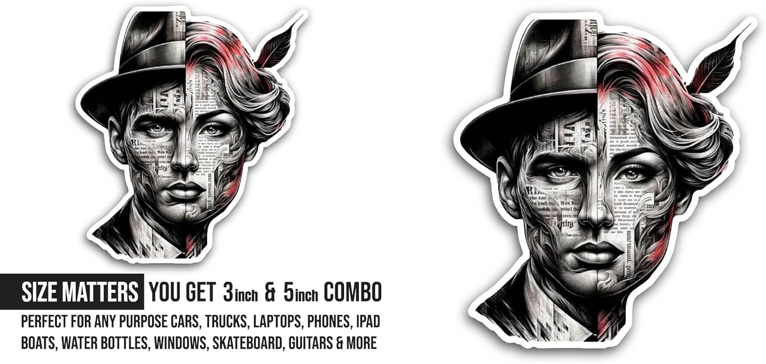 2 (Pieces) 3" and 5" Black and Grey Men Portrait Sticker, Waterproof Vinyl Decals for Many Purpose Like Cars, Trucks, Laptops, Phones, Windows and More