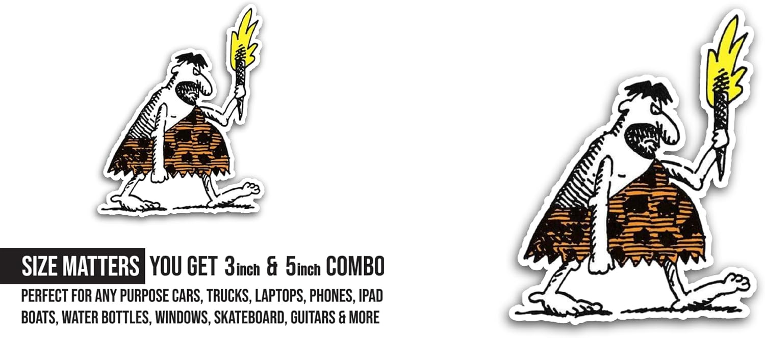 2 (Pieces) 3" and 5" Cartoon Caveman Sticker, Waterproof Vinyl Decals for Many Purpose Like Cars, Trucks, Laptops, Phones, Windows and More