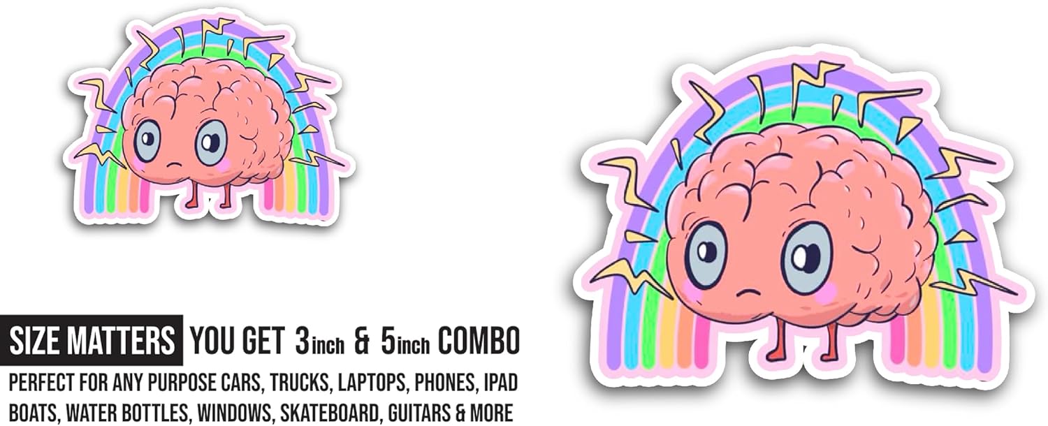 2 (Pieces) 3" and 5" Brain Sticker, Waterproof Vinyl Decals for Many Purpose Like Cars, Trucks, Laptops, Phones, Windows and More