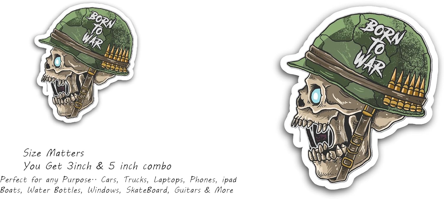 2 (Pieces) 3" and 5" Skull Born to War Soldier Sticker, Waterproof Vinyl Decals for Many Purpose Like Cars, Trucks, Laptops, Phones, Windows and More