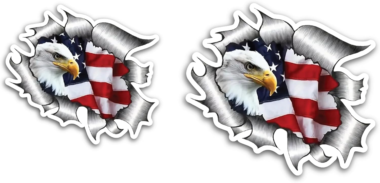 2 (Pieces) 3" and 5" Eagle Next to American Flag Design Color Decal Sticker, Waterproof Vinyl Decals for Many Purpose Like Cars, Trucks, Laptops, Phones, Windows and More