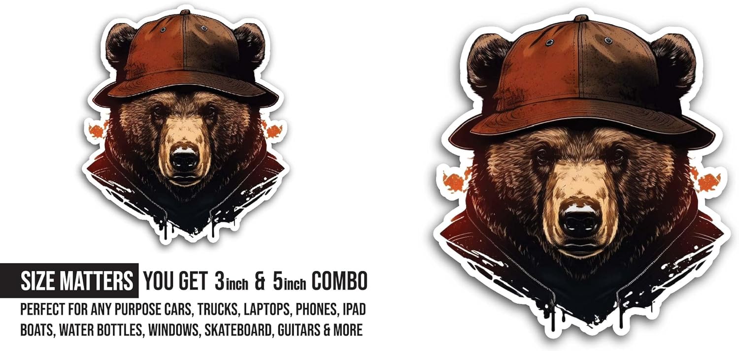 2 (Pieces) 3" and 5" Bear in Hat Sticker, Waterproof Vinyl Decals for Many Purpose Like Cars, Trucks, Laptops, Phones, Windows and More