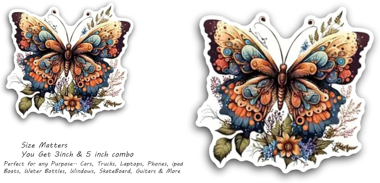 2 (Pieces) 3" and 5" Butterflies and Flowers Sticker, Waterproof Vinyl Decals for Many Purpose Like Cars, Trucks, Laptops, Phones, Windows and More