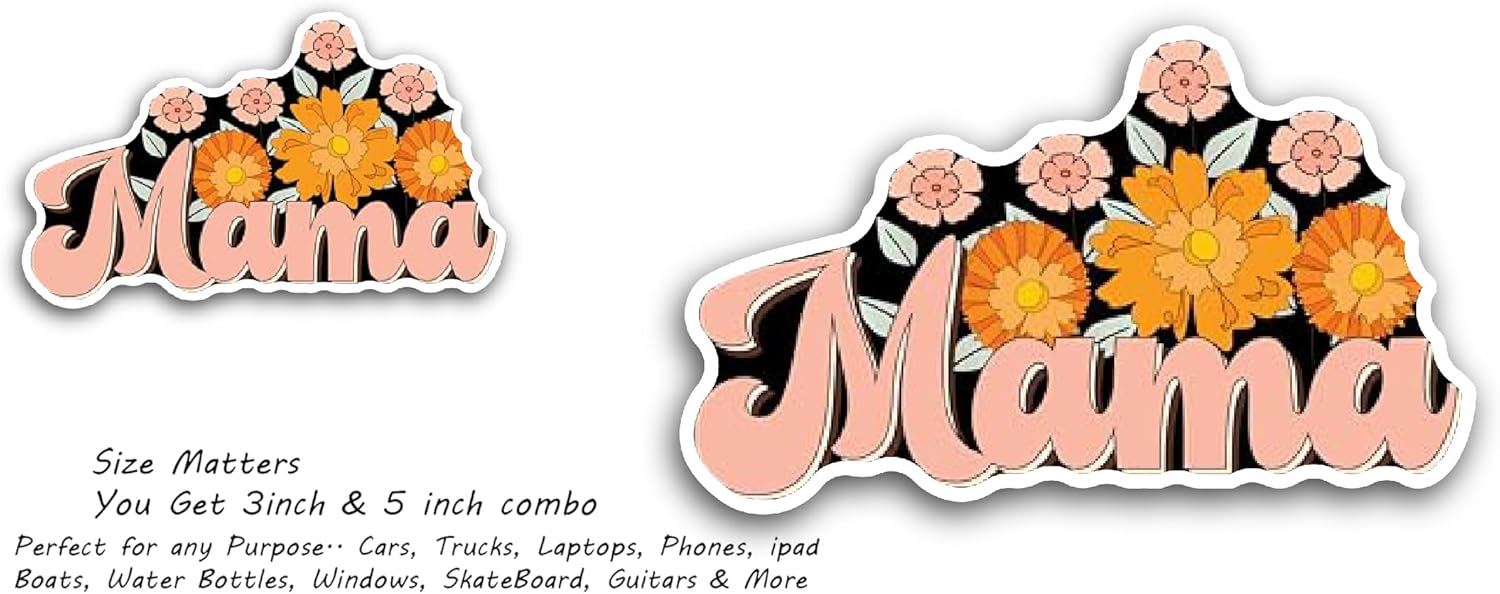 2 (Pieces) 3" and 5" Mama Text with Flowers Sticker, Waterproof Vinyl Decals for Many Purpose Like Cars, Trucks, Laptops, Phones, Windows and More