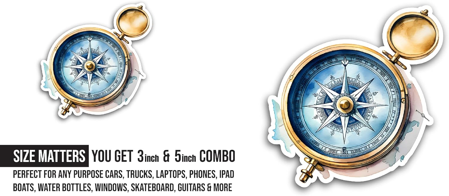 2 (Pieces) 3" and 5" Compass Art Sticker, Waterproof Vinyl Decals for Many Purpose Like Cars, Trucks, Laptops, Phones, Windows and More