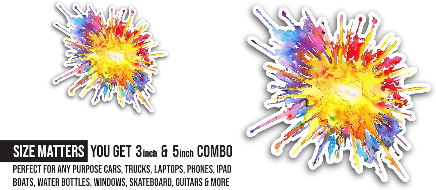 2 (Pieces) 3" and 5" Colorful Explosion Sticker, Waterproof Vinyl Decals for Many Purpose Like Cars, Trucks, Laptops, Phones, Windows and More