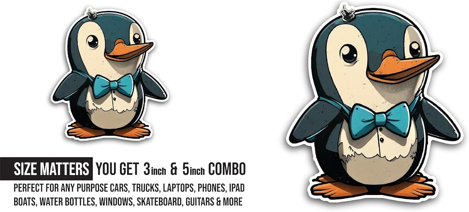 2 (Pieces) 3" and 5" Penguin Sticker, Waterproof Vinyl Decals for Many Purpose Like Cars, Trucks, Laptops, Phones, Windows and More