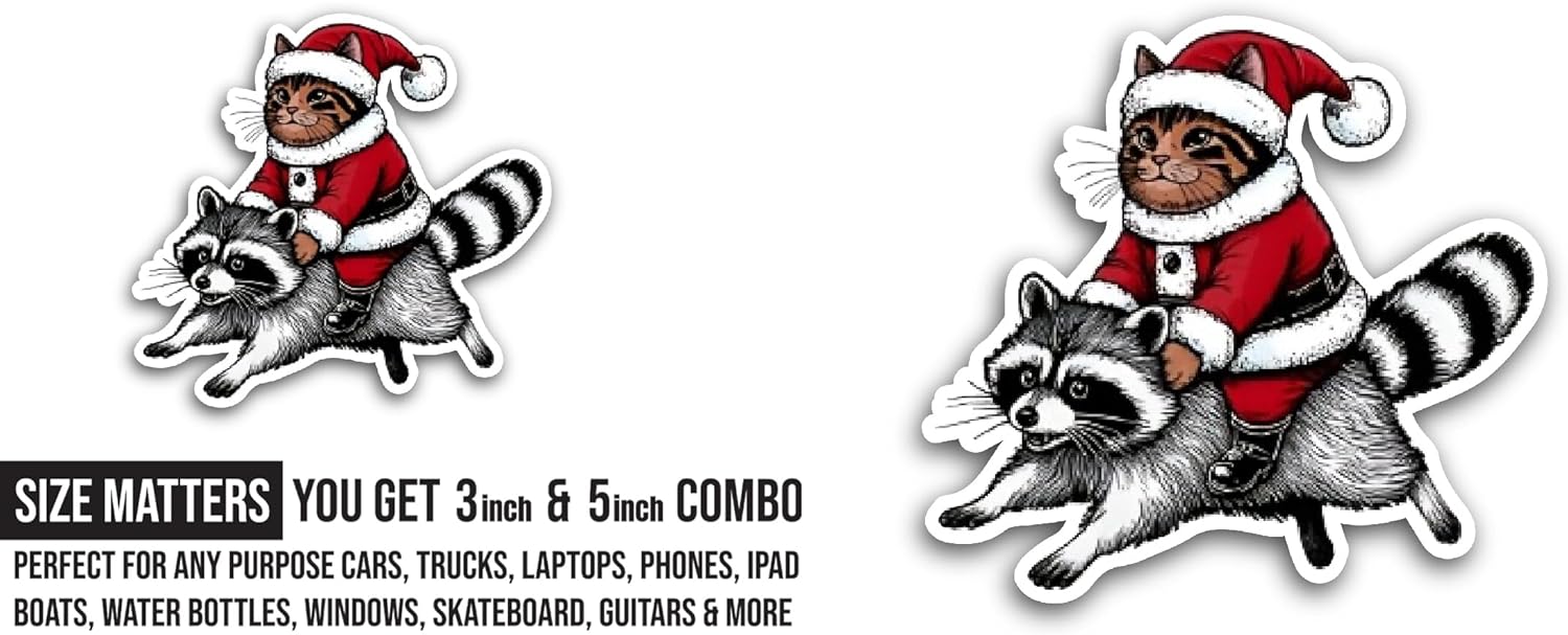 2 (Pieces) 3" and 5" Cute Raccoon with Santa Sticker, Waterproof Vinyl Decals for Many Purpose Like Cars, Trucks, Laptops, Phones, Windows and More