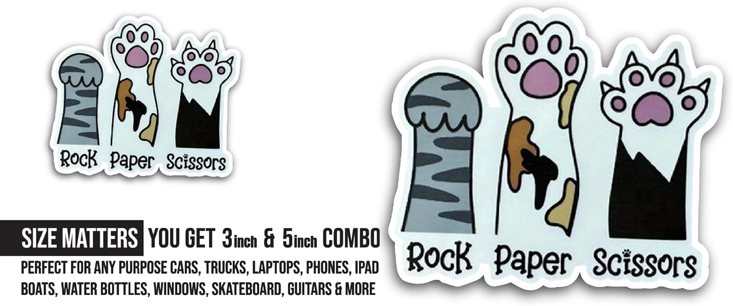 2 (Pieces) 3" and 5" Rock Paper Scissors Sticker, Waterproof Vinyl Decals for Many Purpose Like Cars, Trucks, Laptops, Phones, Windows and More