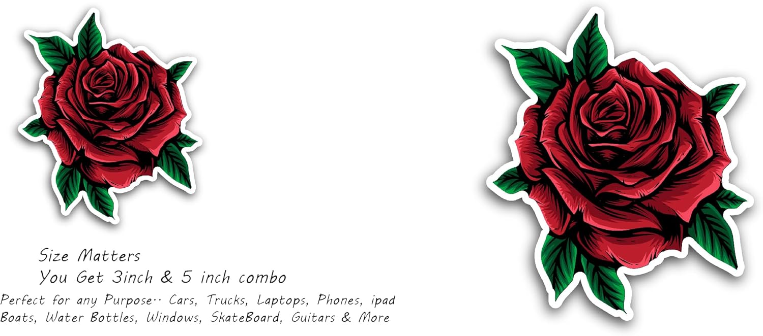 2 (Pieces) 3" and 5" Red Rose Flower Sticker, Waterproof Vinyl Decals for Many Purpose Like Cars, Trucks, Laptops, Phones, Windows and More