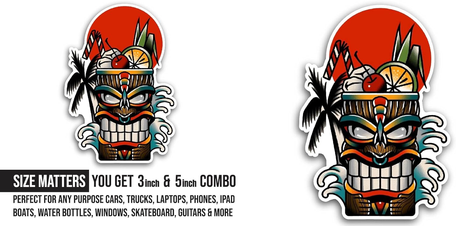 2 (Pieces) 3" and 5" Tiki Mask Sticker, Waterproof Vinyl Decals for Many Purpose Like Cars, Trucks, Laptops, Phones, Windows and More