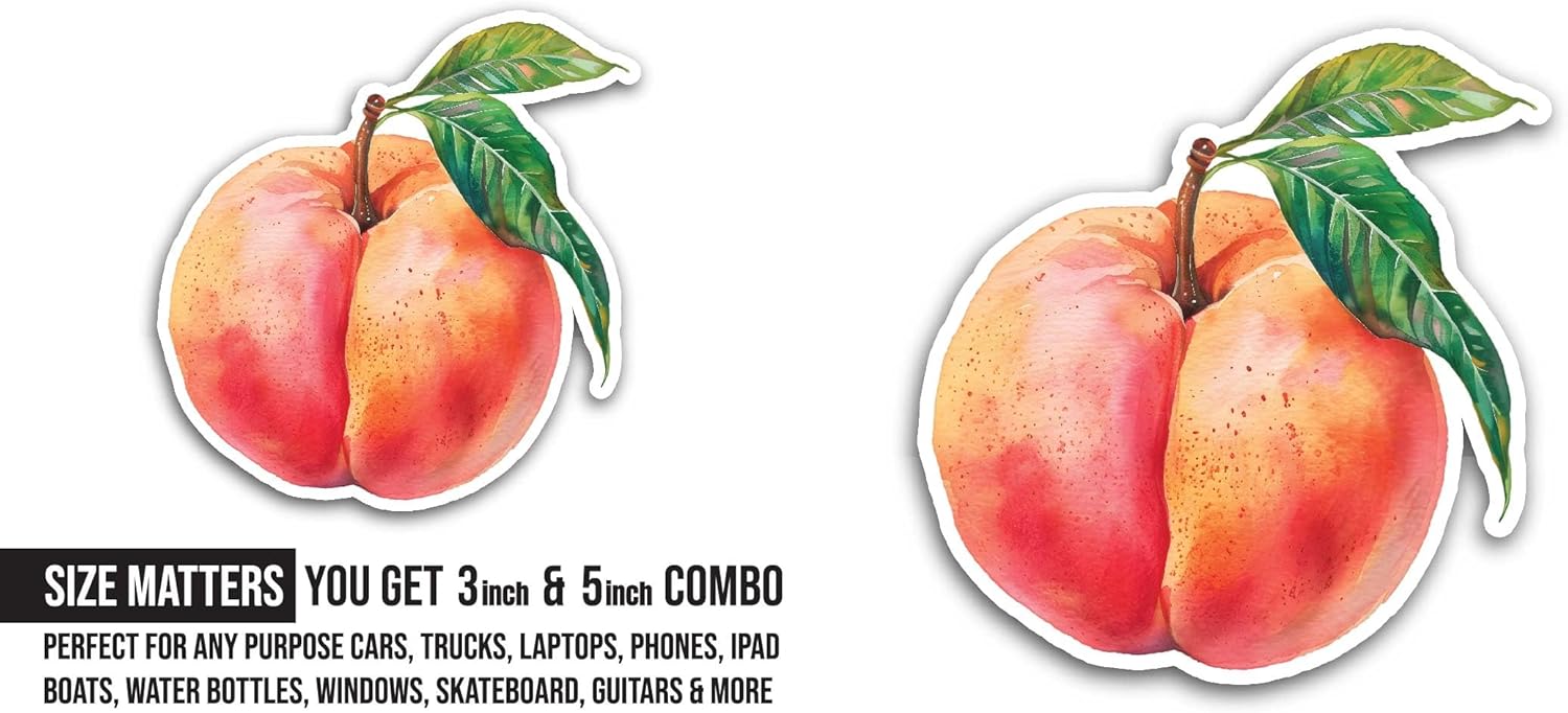 2 (Pieces) 3" and 5" Peach Fruit Sticker, Waterproof Vinyl Decals for Many Purpose Like Cars, Trucks, Laptops, Phones, Windows and More