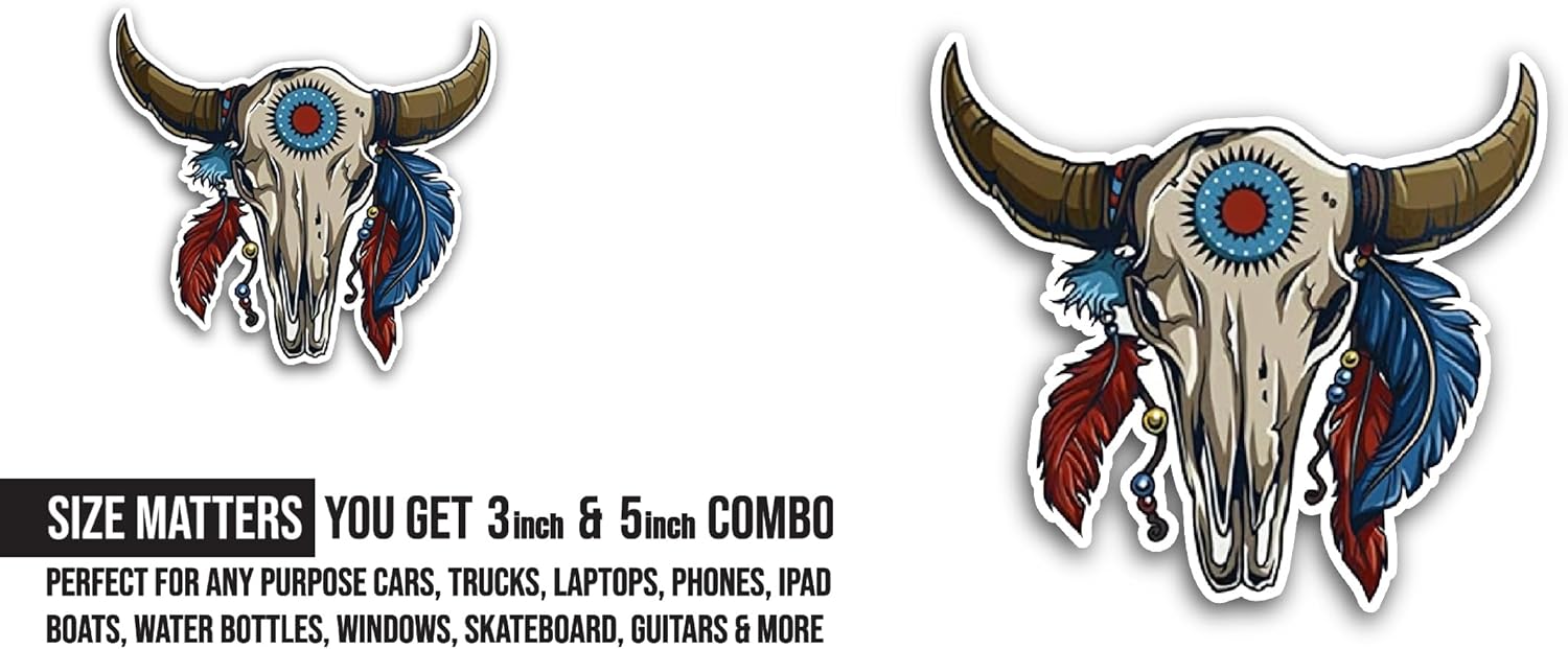 2 (Pieces) 3" and 5" Cow Skull Sticker, Waterproof Vinyl Decals for Many Purpose Like Cars, Trucks, Laptops, Phones, Windows and More