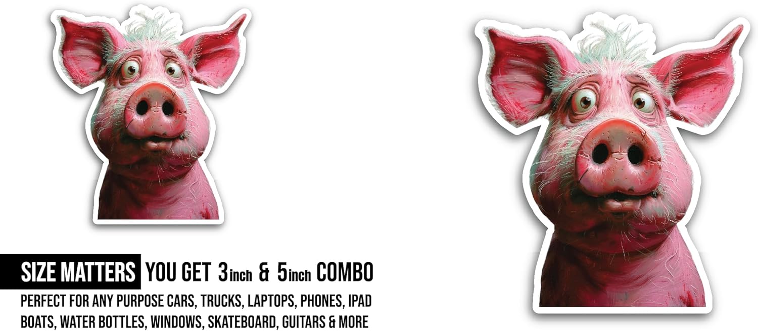 2 (Pieces) 3" and 5" Cute Pig Sticker, Waterproof Vinyl Decals for Many Purpose Like Cars, Trucks, Laptops, Phones, Windows and More