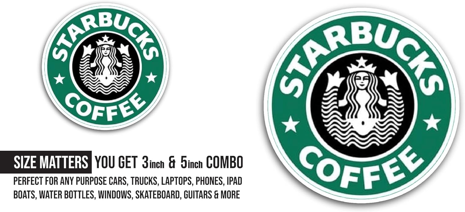 2 (Pieces) 3" and 5" Starbucks Coffee Sticker, Waterproof Vinyl Decals for Many Purpose Like Cars, Trucks, Laptops, Phones, Windows and More