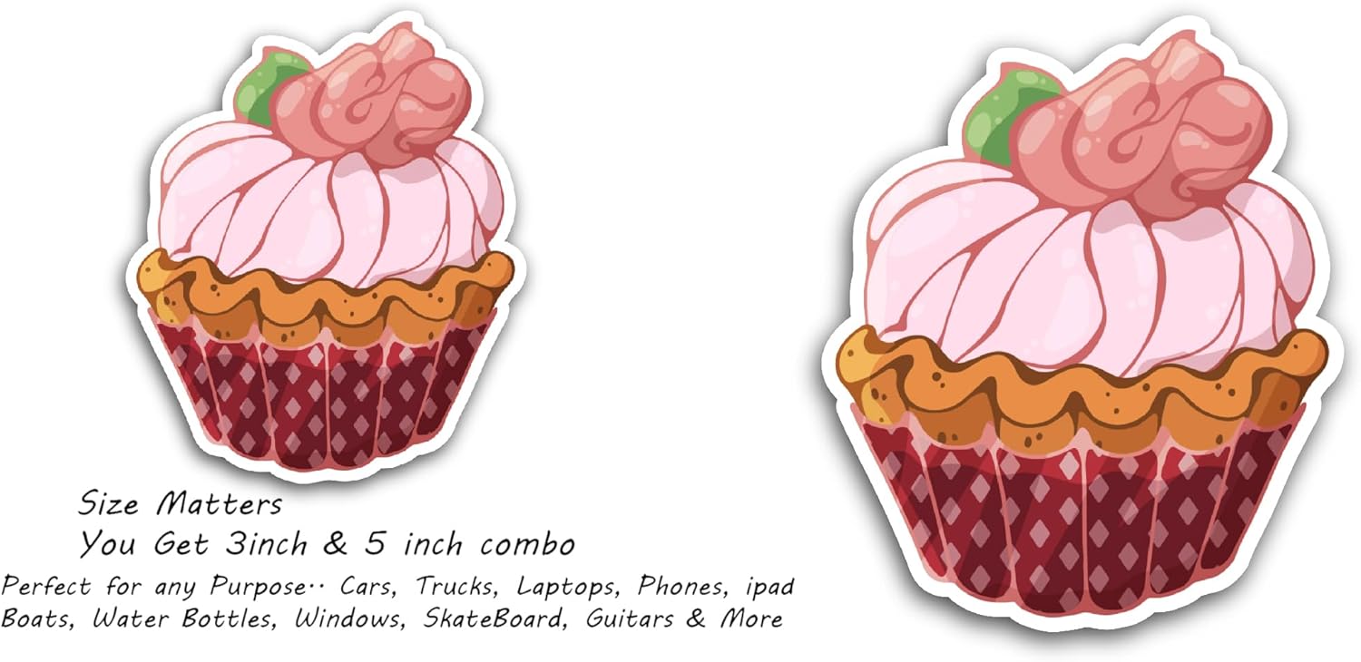 2 (Pieces) 3" and 5" Strawberry Cream Cupcake Sticker, Waterproof Vinyl Decals for Many Purpose Like Cars, Trucks, Laptops, Phones, Windows and More