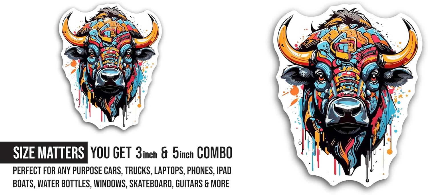 2 (Pieces) 3" and 5" Colorful Bison Head Sticker, Waterproof Vinyl Decals for Many Purpose Like Cars, Trucks, Laptops, Phones, Windows and More