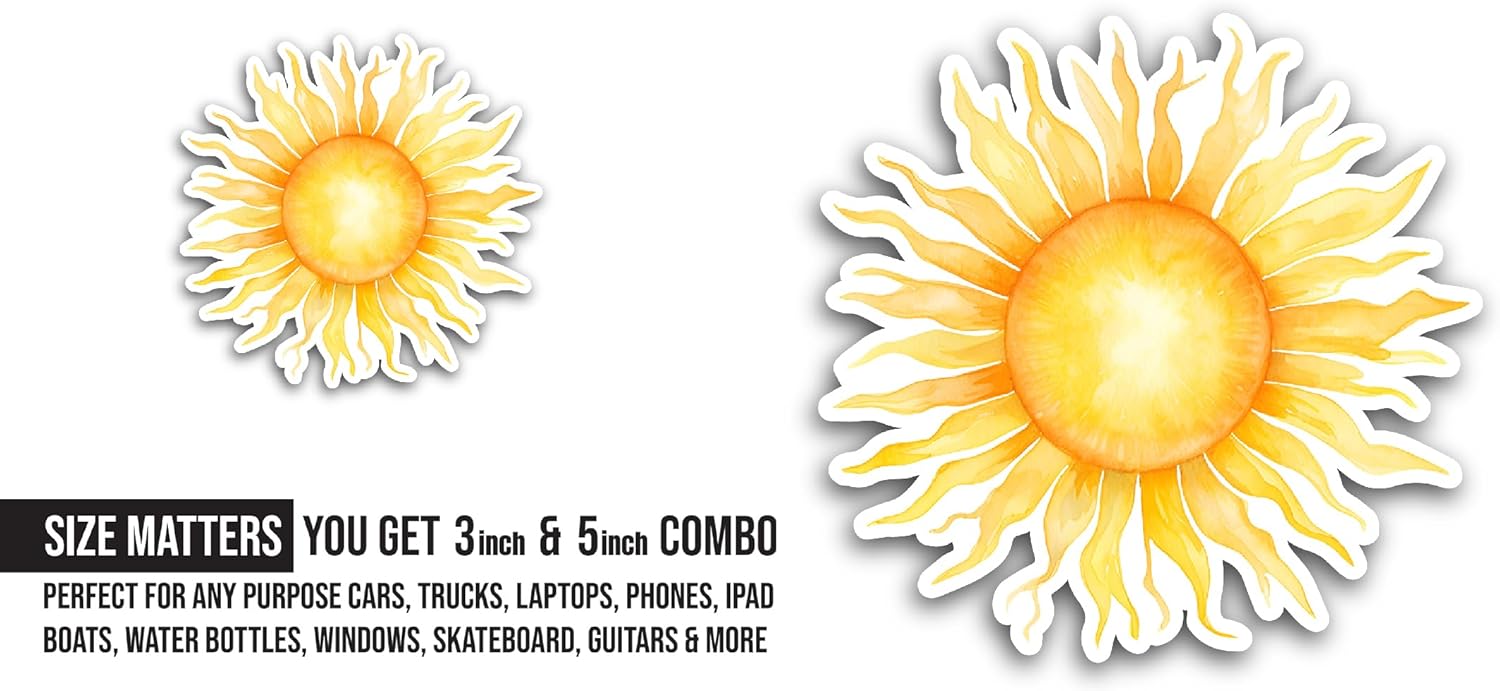2 (Pieces) 3" and 5" Shining Yellow Sun Sticker, Waterproof Vinyl Decals for Many Purpose Like Cars, Trucks, Laptops, Phones, Windows and More