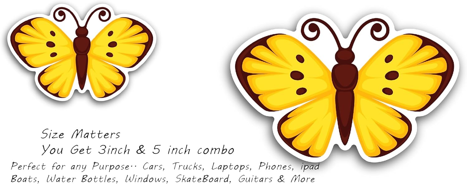 2 (Pieces) 3" and 5" Yellow Butterfly Sticker, Waterproof Vinyl Decals for Many Purpose Like Cars, Trucks, Laptops, Phones, Windows and More