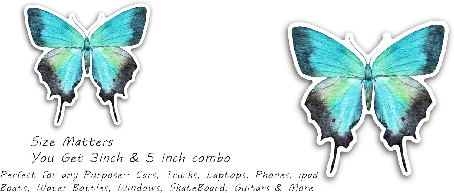 2 (Pieces) 3" and 5" Blue Butterfly Sticker, Waterproof Vinyl Decals for Many Purpose Like Cars, Trucks, Laptops, Phones, Windows and More