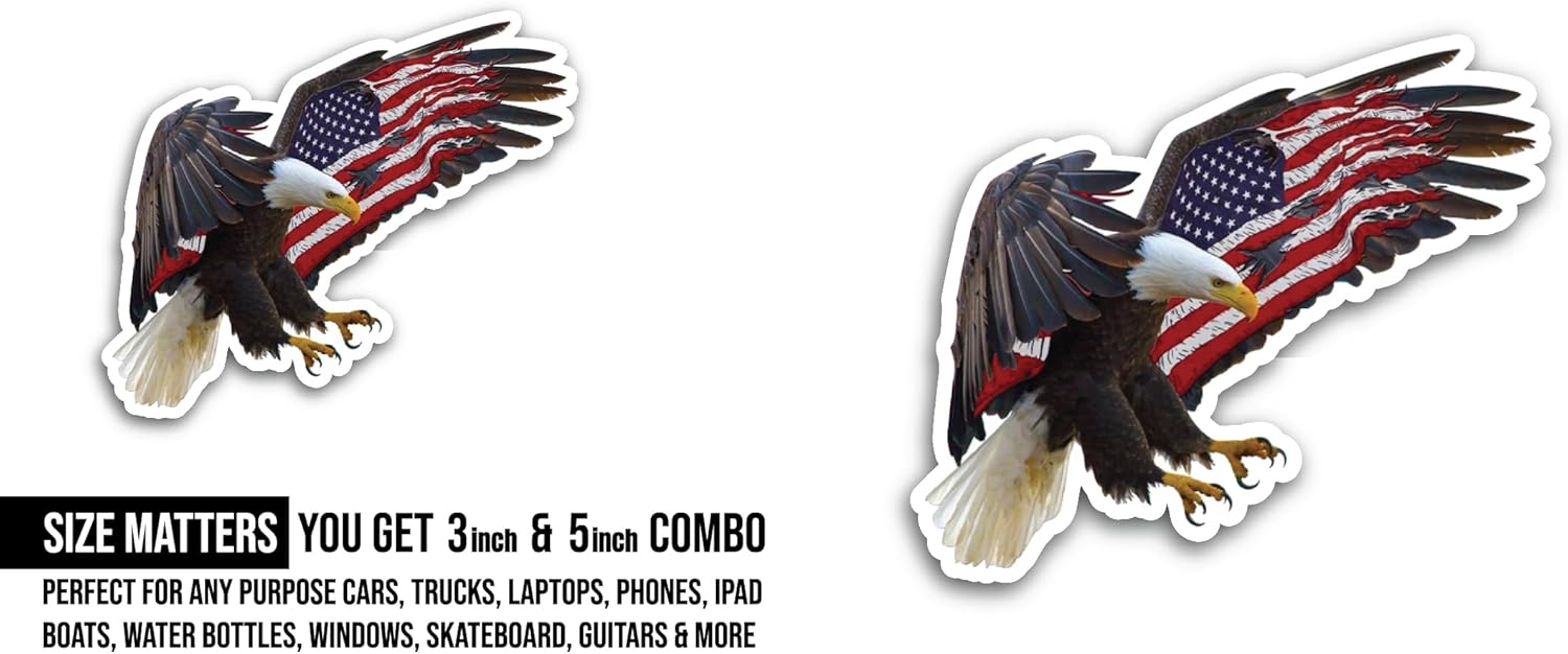 2 (Pieces) 3" and 5" USA Flag Eagle Sticker, Waterproof Vinyl Decals for Many Purpose Like Cars, Trucks, Laptops, Phones, Windows and More