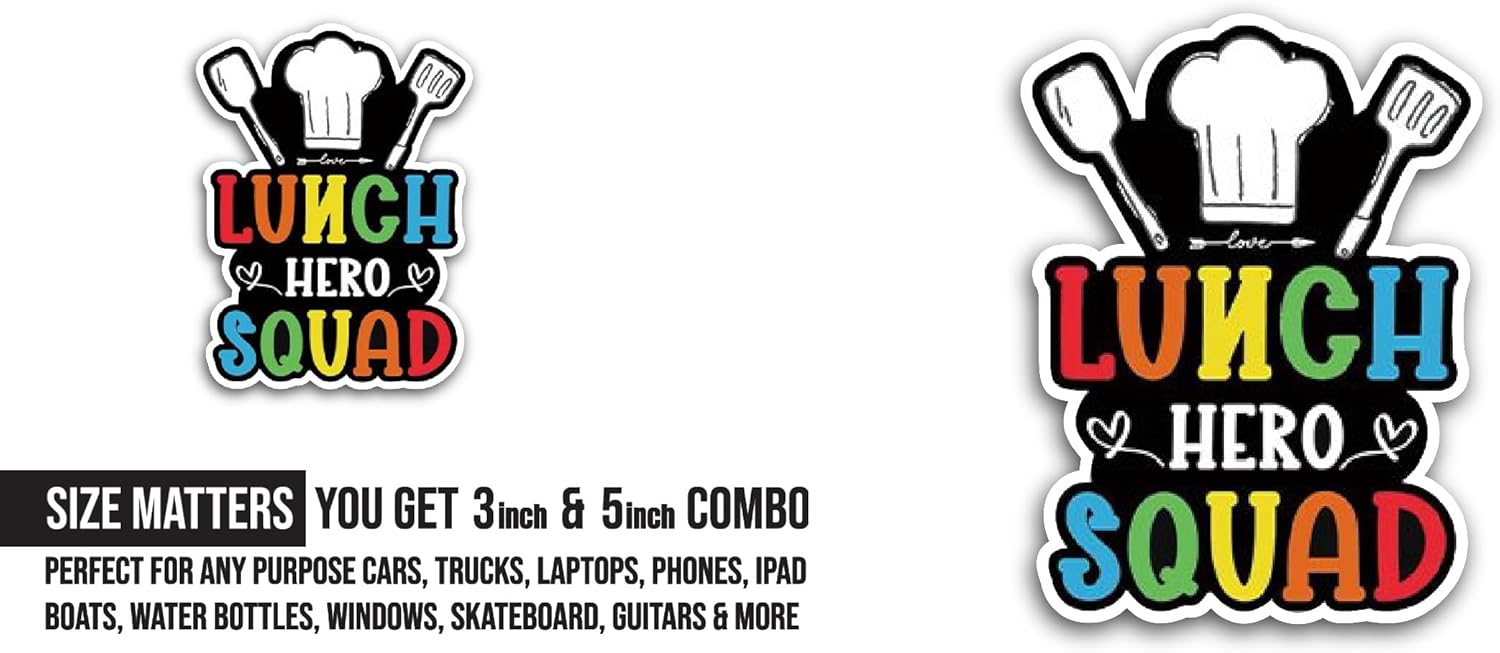 2 (Pieces) 3" and 5" Lunch Hero Squad Sticker, Waterproof Vinyl Decals for Many Purpose Like Cars, Trucks, Laptops, Phones, Windows and More