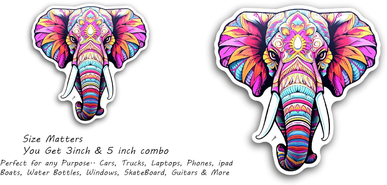 2 (Pieces) 3" and 5" Brightly Colored Elephant Sticker, Waterproof Vinyl Decals for Many Purpose Like Cars, Trucks, Laptops, Phones, Windows and More