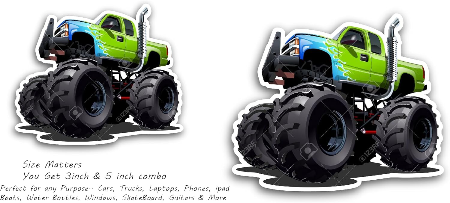 2 (Pieces) 3" and 5" Green Monster Truck Sticker, Waterproof Vinyl Decals for Many Purpose Like Cars, Trucks, Laptops, Phones, Windows and More