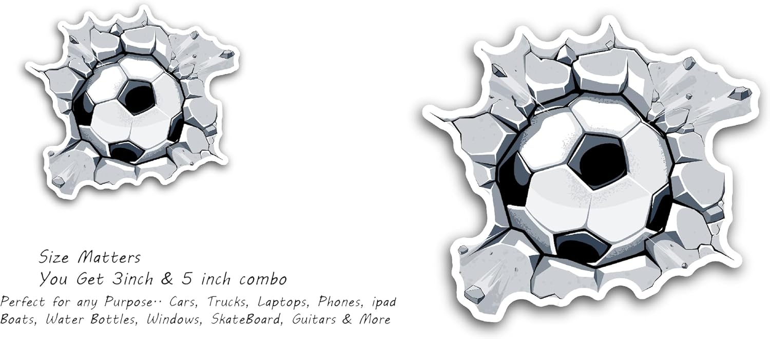 2 (Pieces) 3" and 5" Soccer Ball Breaking Wall Sticker, Waterproof Vinyl Decals for Many Purpose Like Cars, Trucks, Laptops, Phones, Windows and More