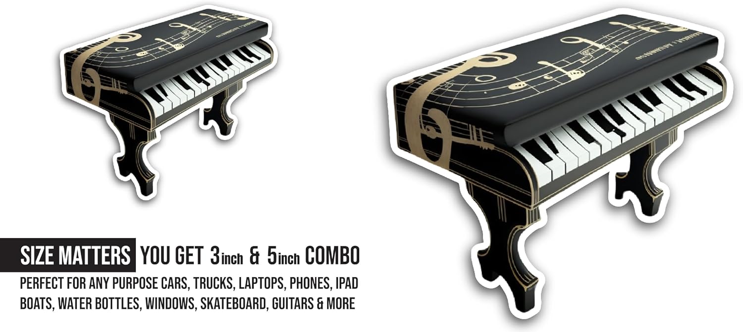 2 (Pieces) 3" and 5" Grand Piano Sticker, Waterproof Vinyl Decals for Many Purpose Like Cars, Trucks, Laptops, Phones, Windows and More