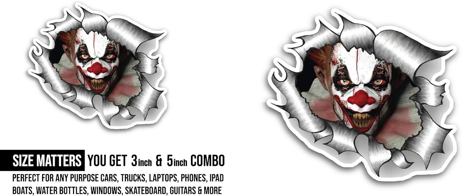 2 (Pieces) 3" and 5" Clown Sticker, Waterproof Vinyl Decals for Many Purpose Like Cars, Trucks, Laptops, Phones, Windows and More