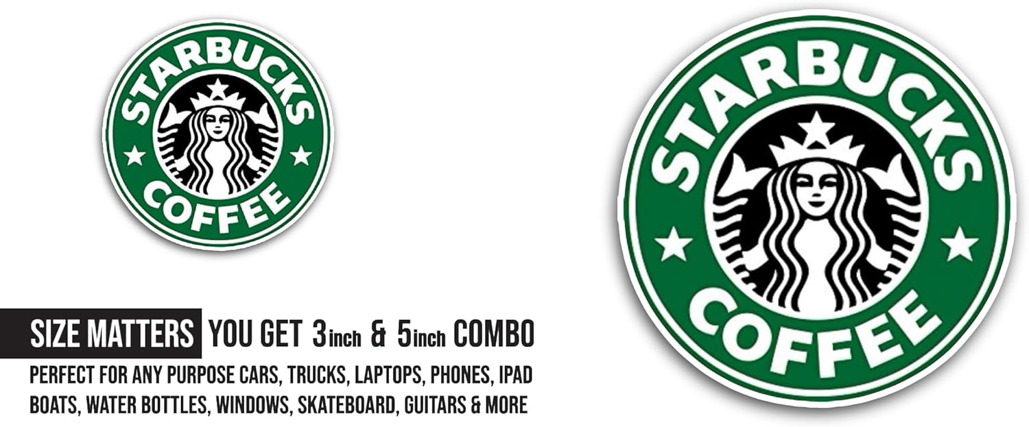 2 (Pieces) 3" and 5" St@rbucks C0ffee Sticker, Waterproof Vinyl Decals for Many Purpose Like Cars, Trucks, Laptops, Phones, Windows and More