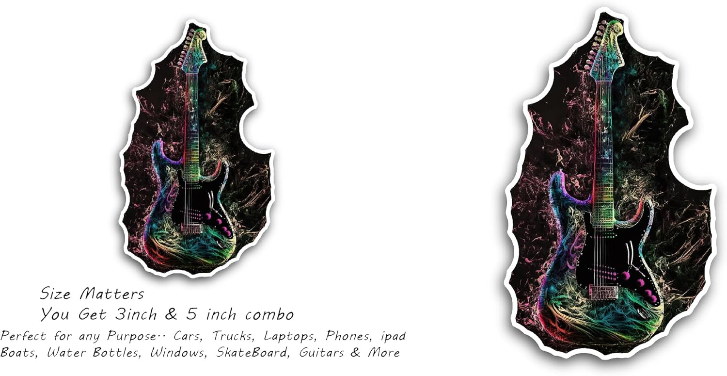 2 (Pieces) 3" and 5" Electric Guitar Sticker, Waterproof Vinyl Decals for Many Purpose Like Cars, Trucks, Laptops, Phones, Windows and More