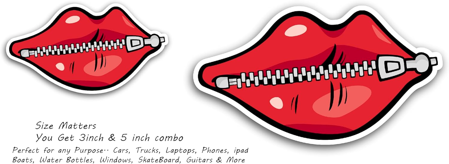2 (Pieces) 3" and 5" Lips with Zip Decal Sticker, Waterproof Vinyl Decals for Many Purpose Like Cars, Trucks, Laptops, Phones, Windows and More