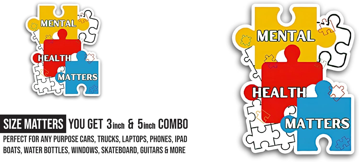 2 (Pieces) 3" and 5" Mental Health Matters Colourful Puzzles Sticker, Waterproof Vinyl Decals for Many Purpose Like Cars, Trucks, Laptops, Phones, Windows and More