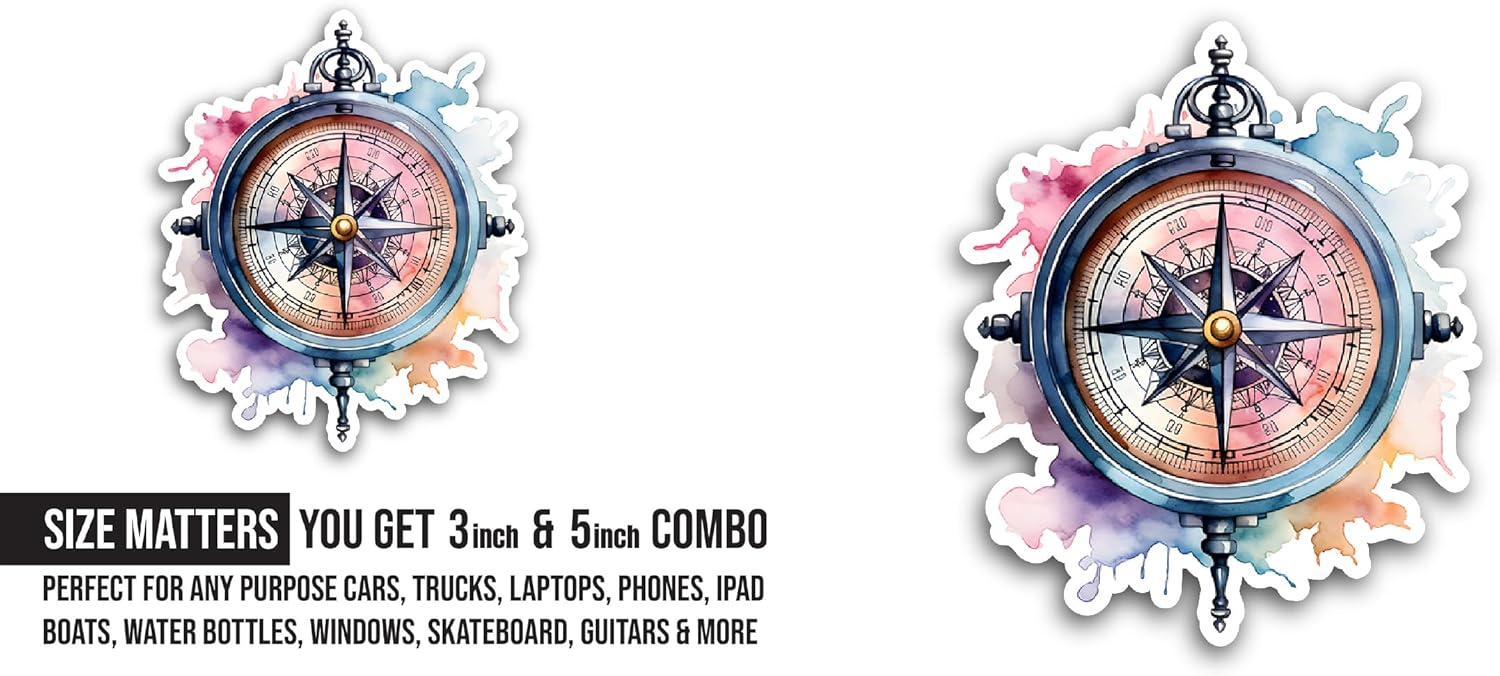 2 (Pieces) 3" and 5" Colorful Old Compass Sticker, Waterproof Vinyl Decals for Many Purpose Like Cars, Trucks, Laptops, Phones, Windows and More