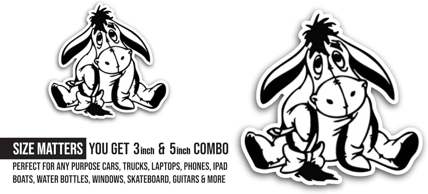 2 (Pieces) 3" and 5" Black and White Donkey Sticker, Waterproof Vinyl Decals for Many Purpose Like Cars, Trucks, Laptops, Phones, Windows and More