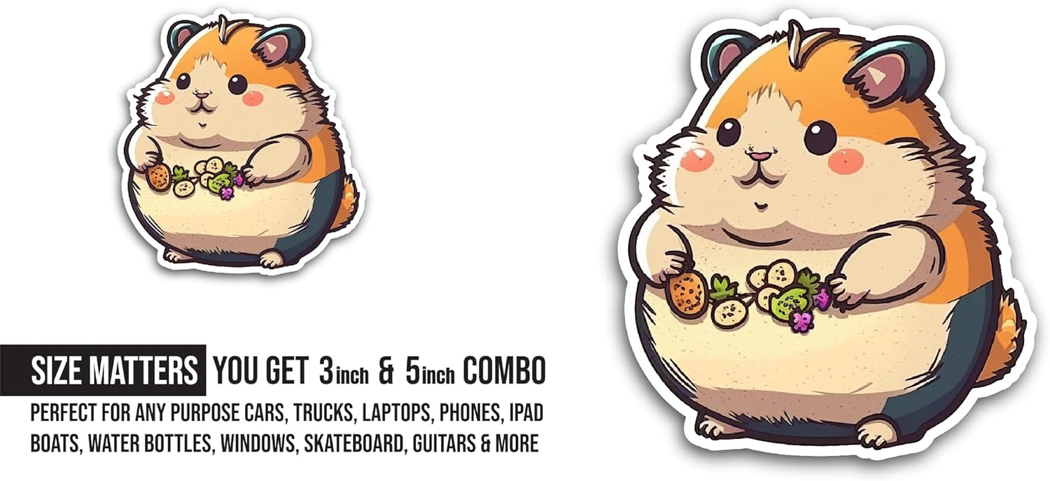 2 (Pieces) 3" and 5" Cute Hamster Sticker, Waterproof Vinyl Decals for Many Purpose Like Cars, Trucks, Laptops, Phones, Windows and More